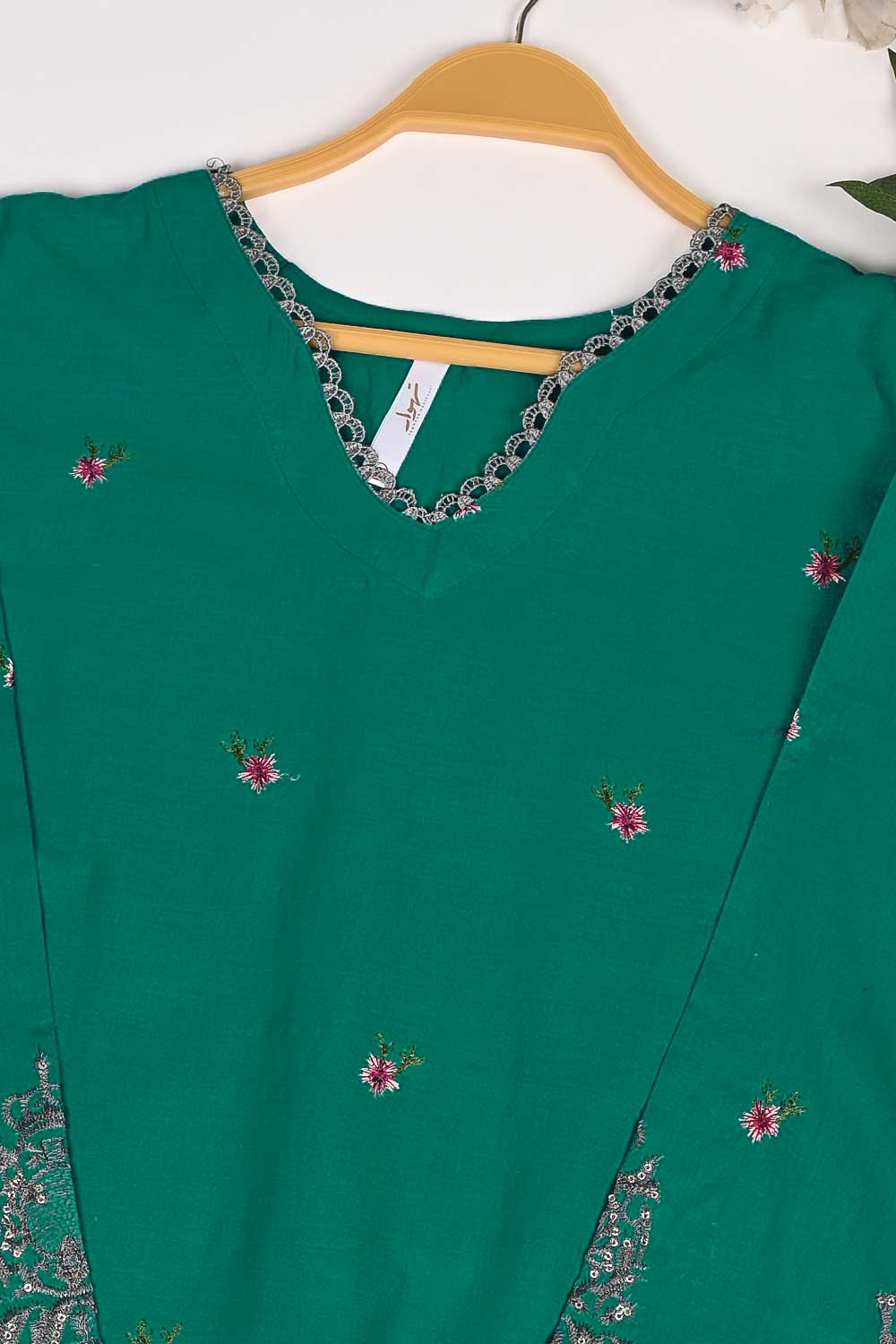 3SP-17A-Green - 3PC COTTON EMBROIDERED Dress With Chiffon Embroidered Dupatta
