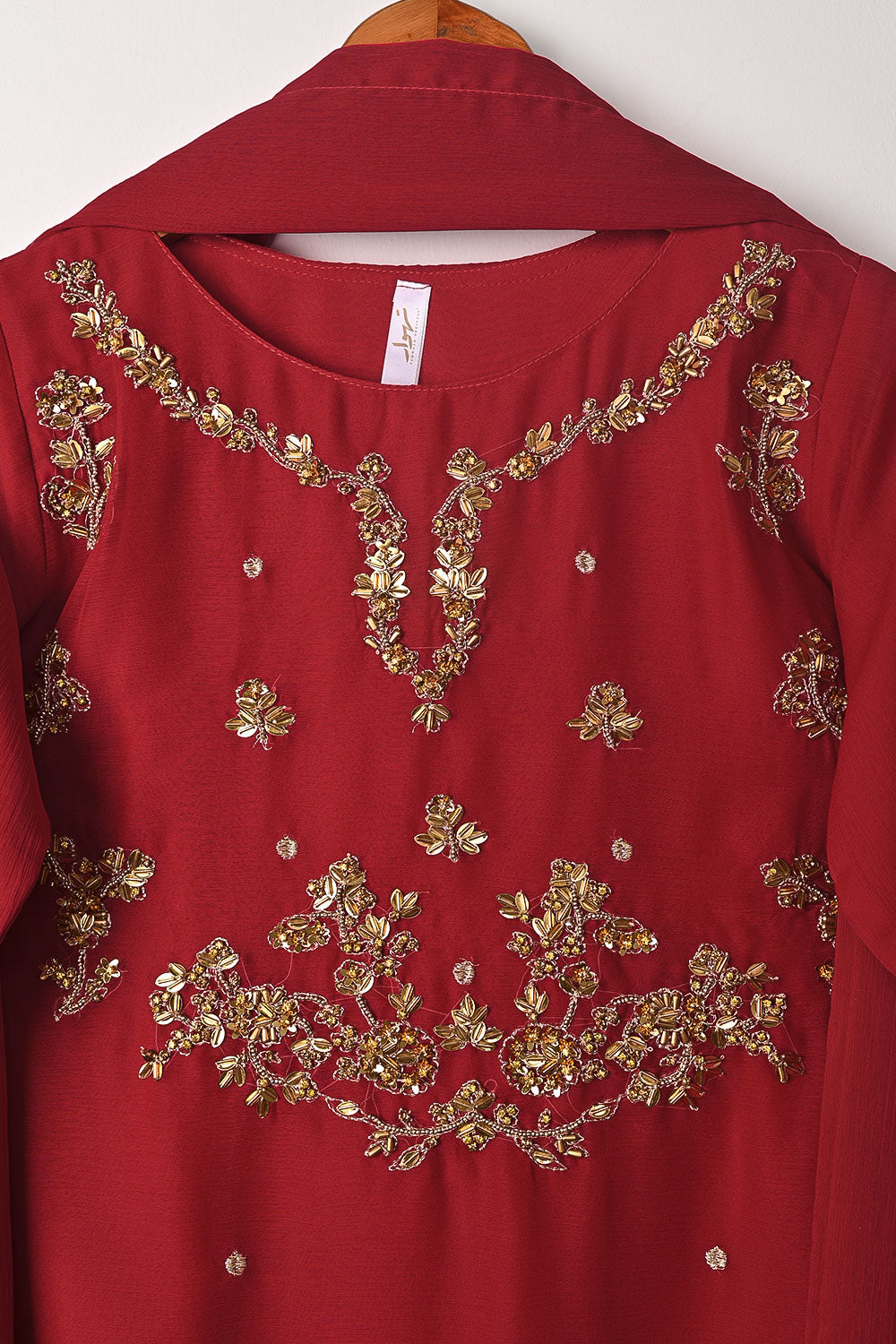 RTW-259-Red - 3Pc Ready to Wear Embroidered Adda Work Chiffon Dress