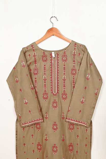 3SP-14B-Brown - 3PC COTTON EMBROIDERED Dress With Chiffon Embroidered Dupatta