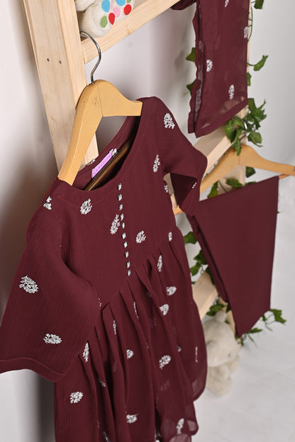 TKF-321-Maroon - Kids 3Pc Ready to Wear Chiffon Embroidered Frock