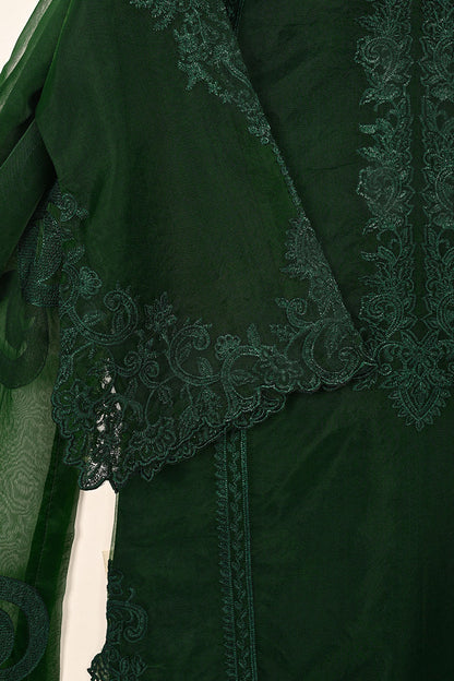 RTW-263-Bottle Green - 3Pc Ready to Wear Cut Work Embroidered Organza Dress