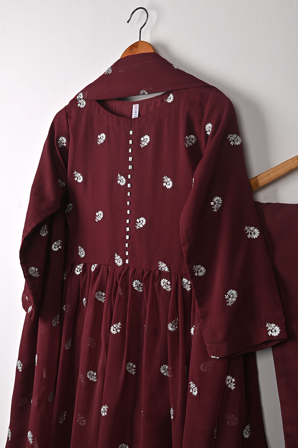 RTW-346-Maroon - 3Pc Ready to Wear Embroidered Chiffon Frock