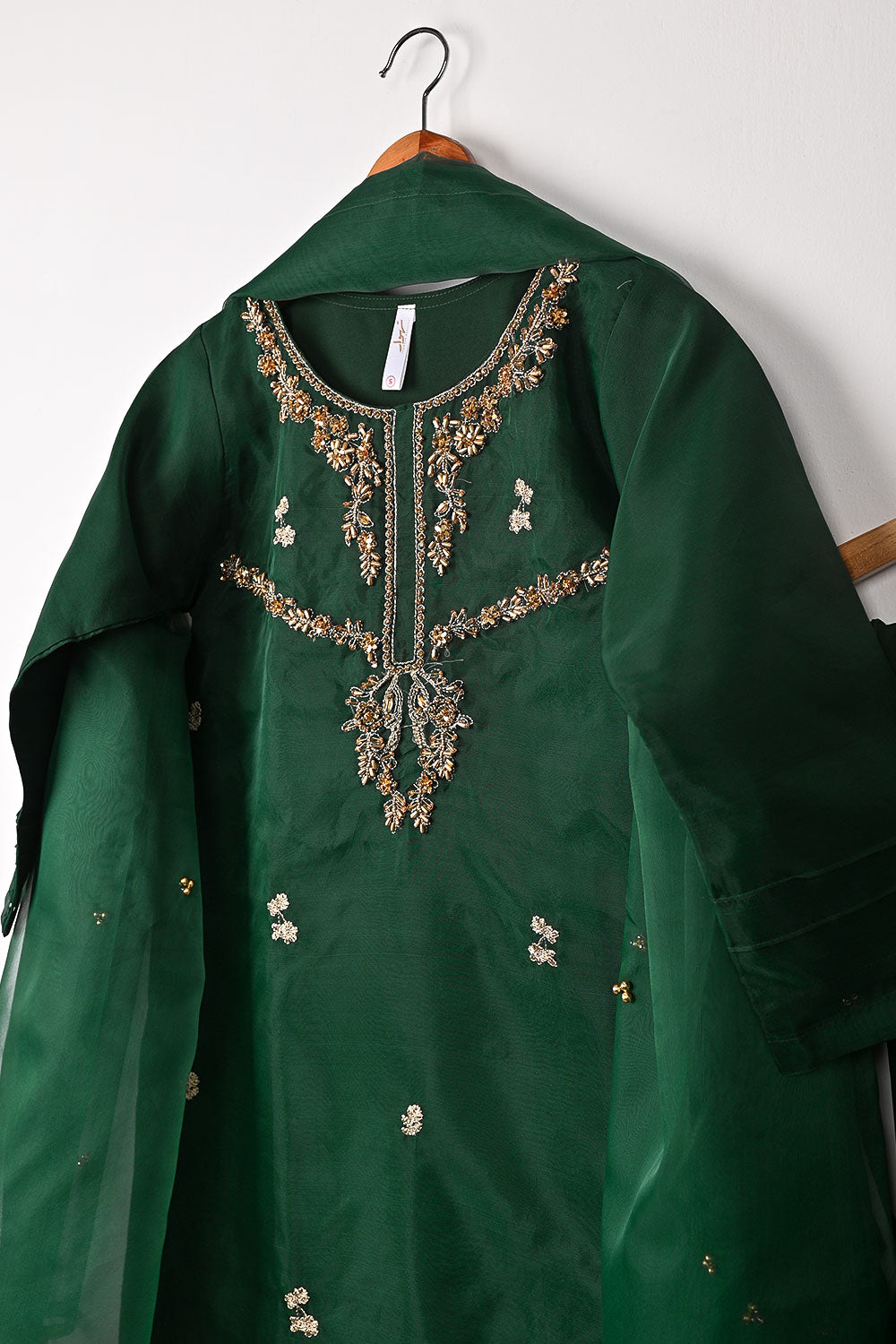 RTW-260-Bottle Green - 3Pc Ready to Wear Embroidered Premium Adda Work Organza Dress