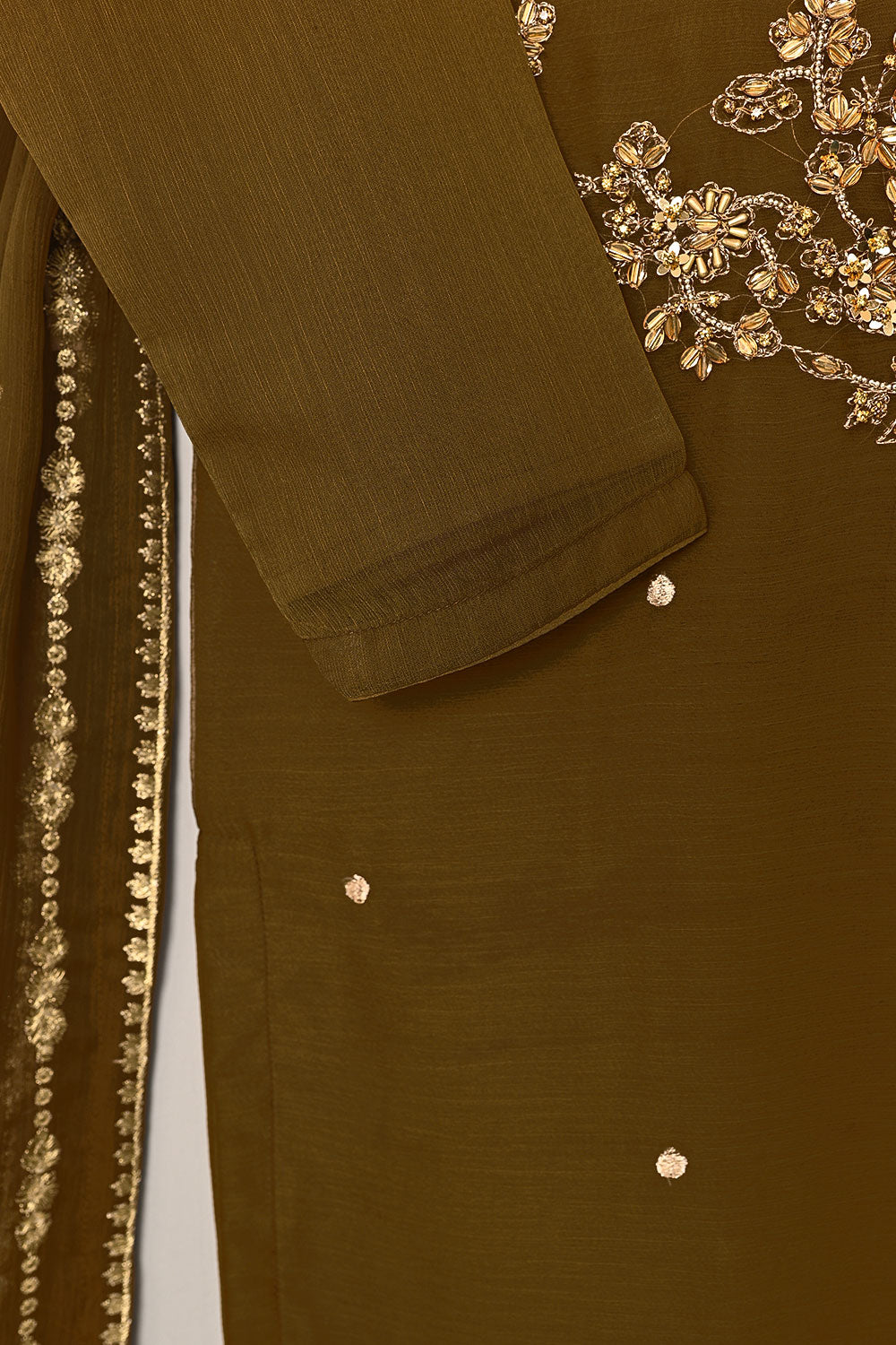 RTW-198-Brown - 3Pc Ready to Wear Embroidered Adda Work Chiffon Dress