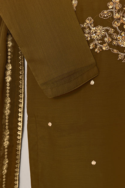 RTW-198-Brown - 3Pc Ready to Wear Embroidered Adda Work Chiffon Dress