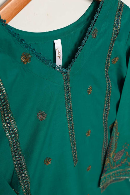3SP-13A-Green - 3PC COTTON EMBROIDERED Dress With Chiffon Embroidered Dupatta