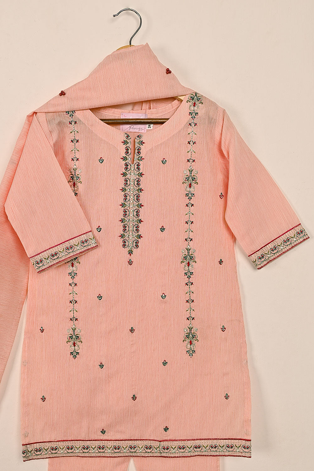 TKF-133-Peach - Kids 3Pc Ready to Wear Embroidered Slub Cotton Dress