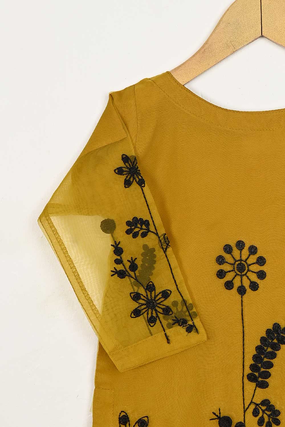 TKF-82-Mustard - Kids 3Pc Organza Formal Embroidered Dress With Malai Trouser