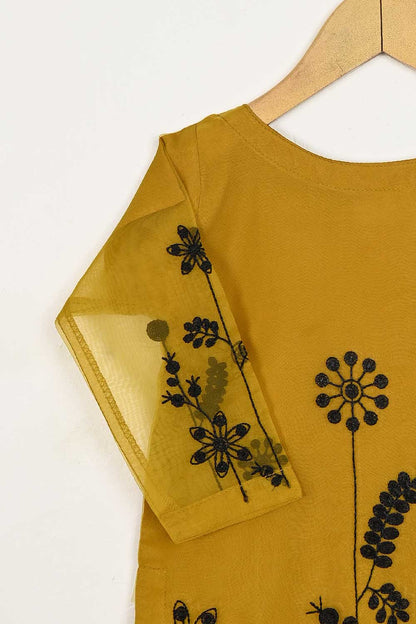 TKF-82-Mustard - Kids 3Pc Organza Formal Embroidered Dress With Malai Trouser
