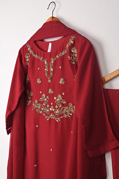 RTW-259-Red - 3Pc Ready to Wear Embroidered Adda Work Chiffon Dress