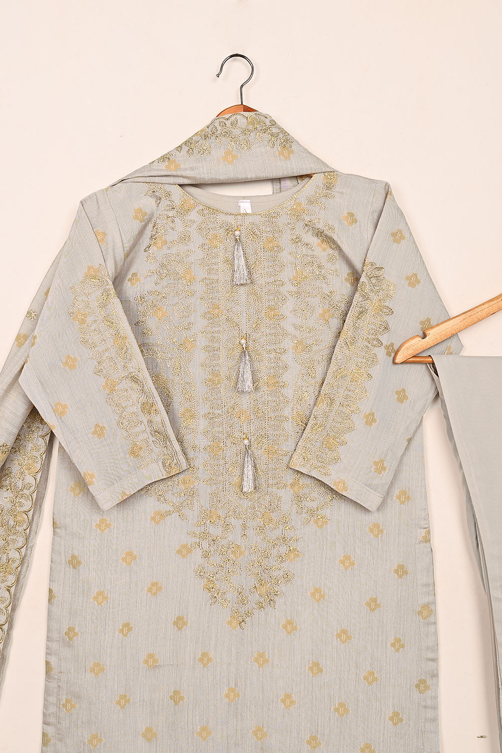 RTW-214-Grey - 3Pc Stitched Jacquard Paper Cotton Embroidered Dress