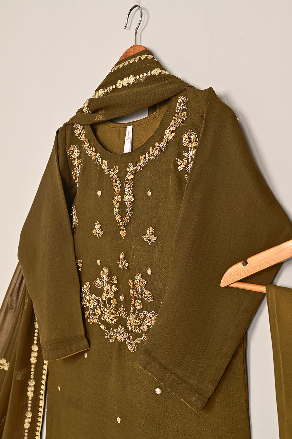 RTW-198-Brown - 3Pc Ready to Wear Embroidered Adda Work Chiffon Dress