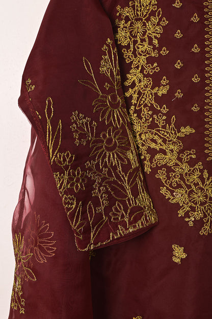 RTW-312-Maroon -  3Pc Ready to Wear Embroidered Organza Dress