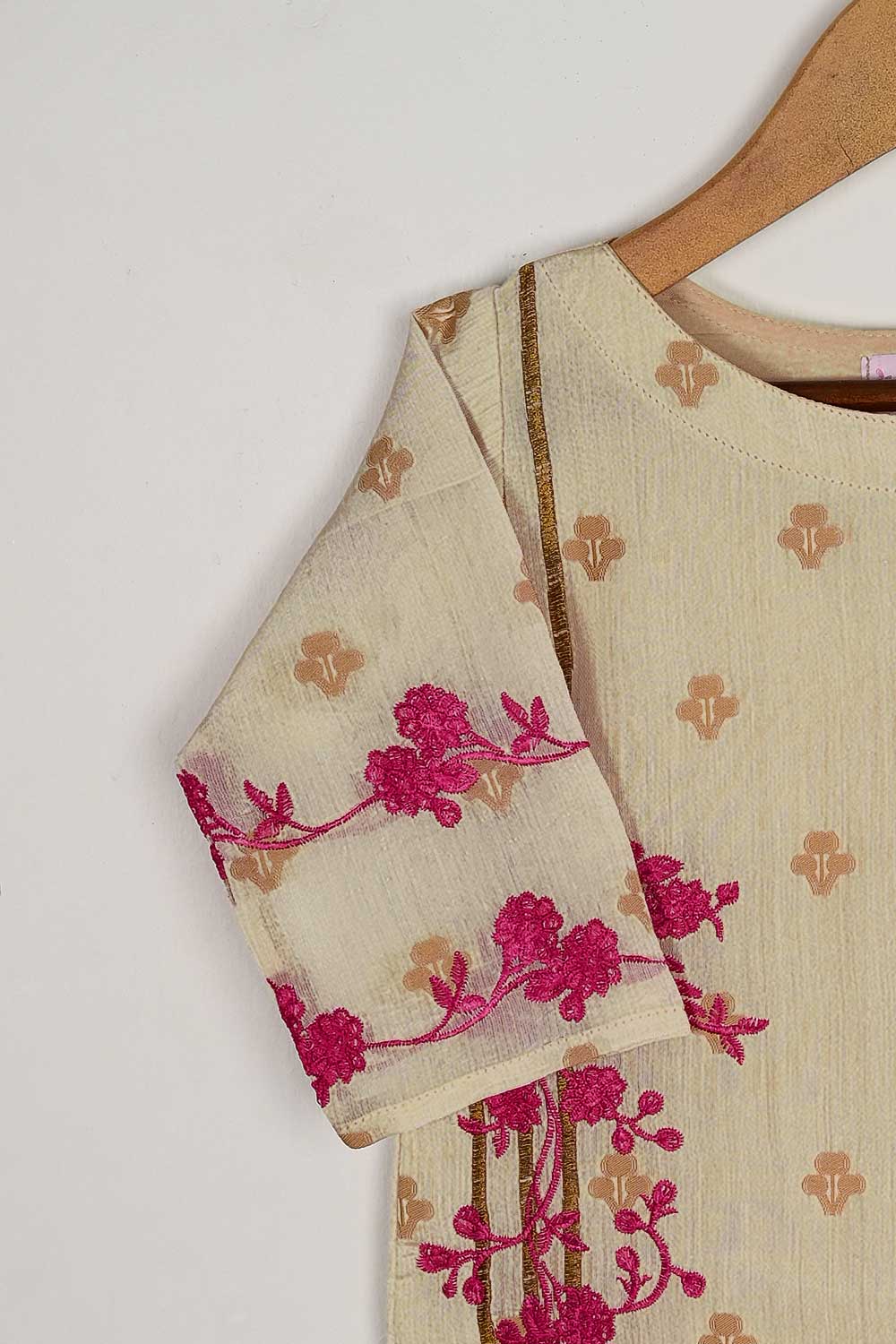 TKF-46-Skin - Kids 3Pc Jacquard Paper Cotton Dress With Malai Trouser