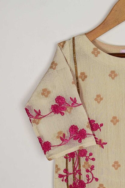 TKF-46-Skin - Kids 3Pc Jacquard Paper Cotton Dress With Malai Trouser