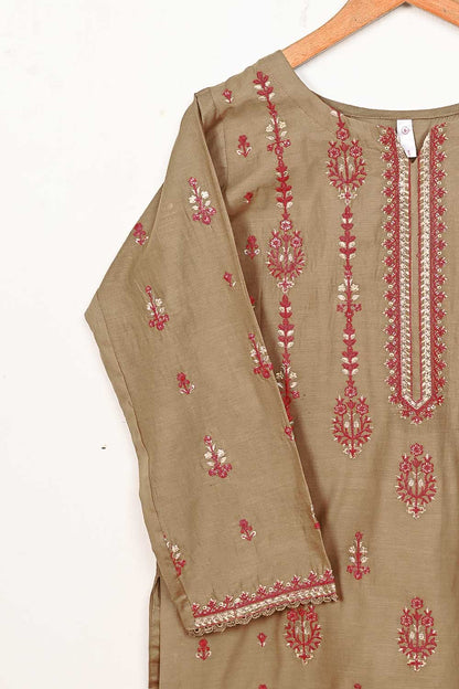 3SP-14B-Brown - 3PC COTTON EMBROIDERED Dress With Chiffon Embroidered Dupatta
