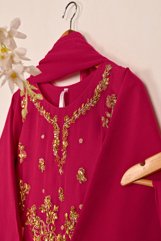 RTW-244-Fuchsia - 3Pc Ready to Wear Embroidered Adda Work Chiffon Dress