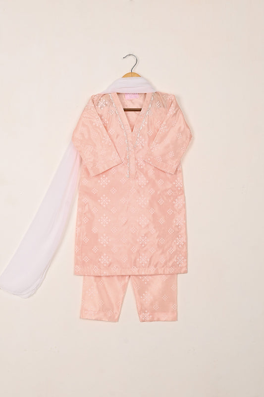 TKF-251-Peach - Kids 3Pc Ready to Wear Silk Printed Dress