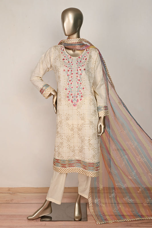 3SP-21A-Pink- 3PC COTTON EMBROIDERED Dress With Printed Organza Dupatta