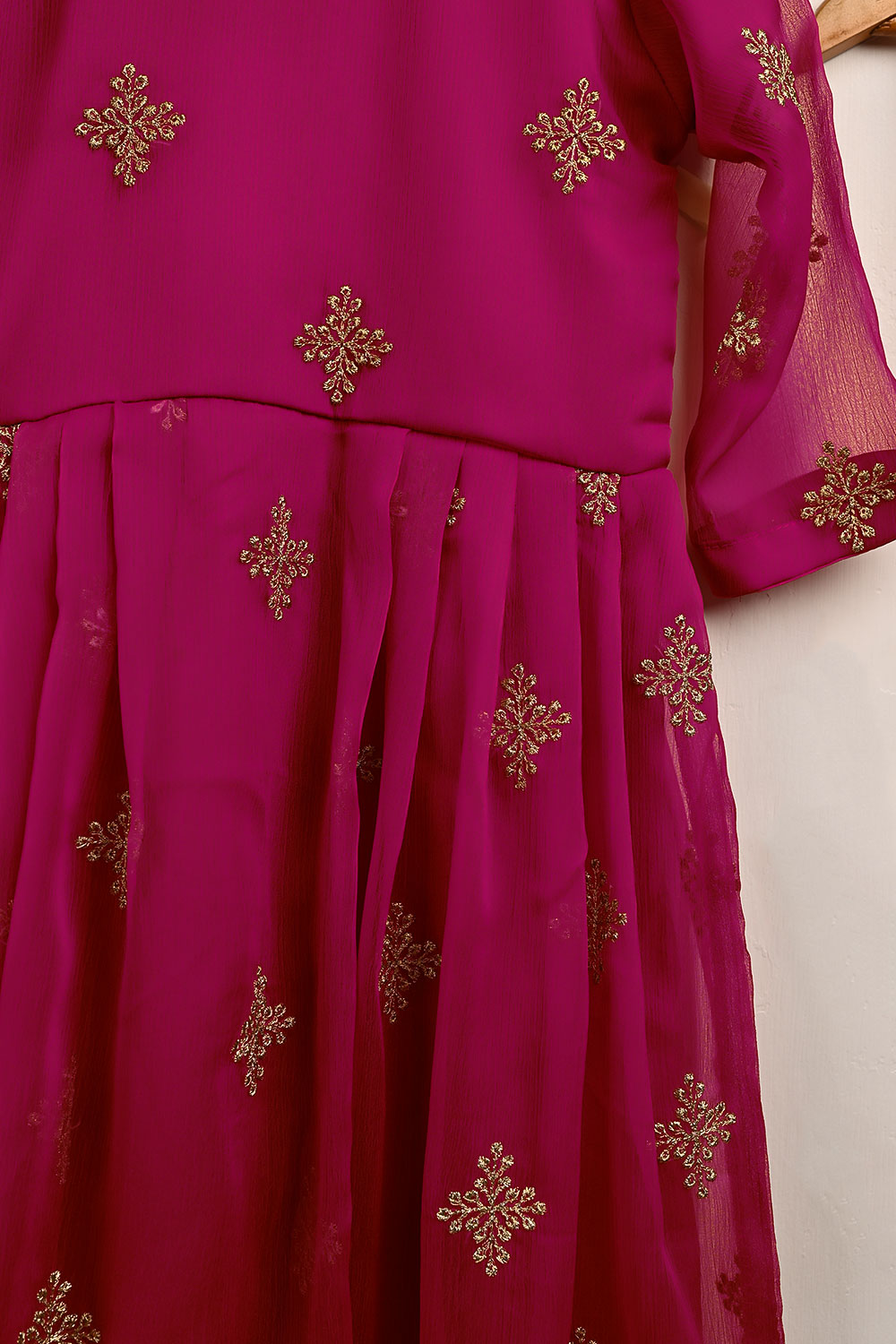 TKF-119-Fushcia - Kids 3Pc Chiffon Embroidered Frock