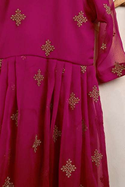 TKF-119-Fushcia - Kids 3Pc Chiffon Embroidered Frock