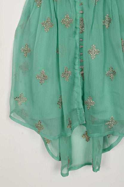 TKF-92-SeaGreen - Kids 3Pc Chiffon Embroidered Frock