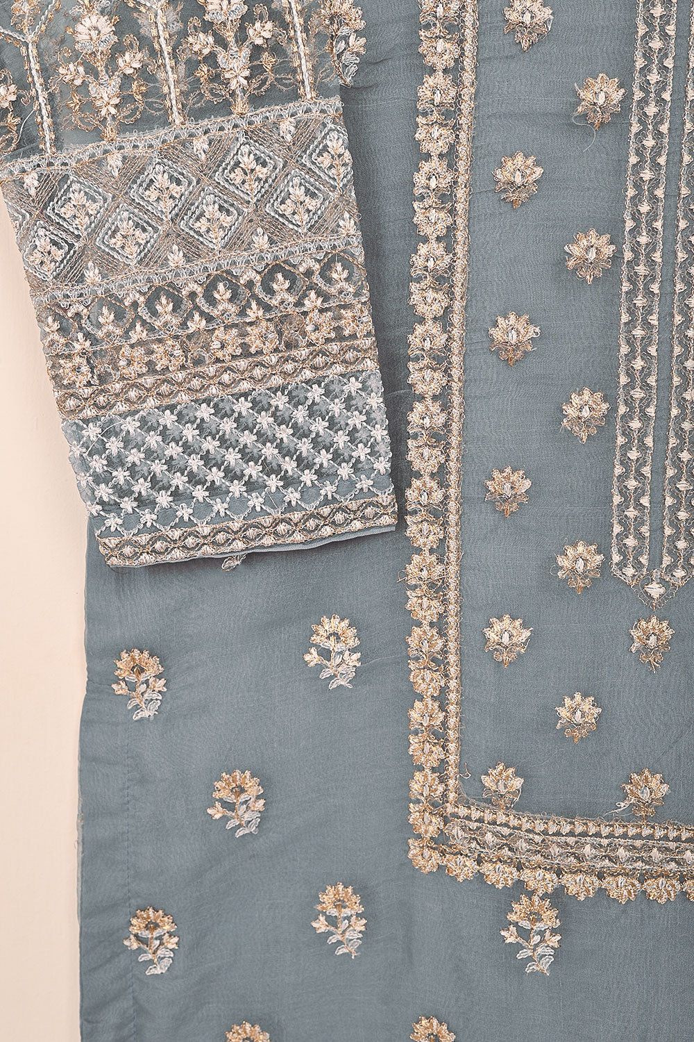 STP-091B-Grey - 2PC Organza Embroidered Stitched