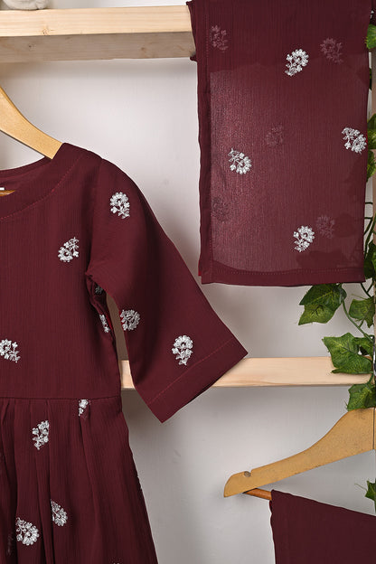 TKF-321-Maroon - Kids 3Pc Ready to Wear Chiffon Embroidered Frock