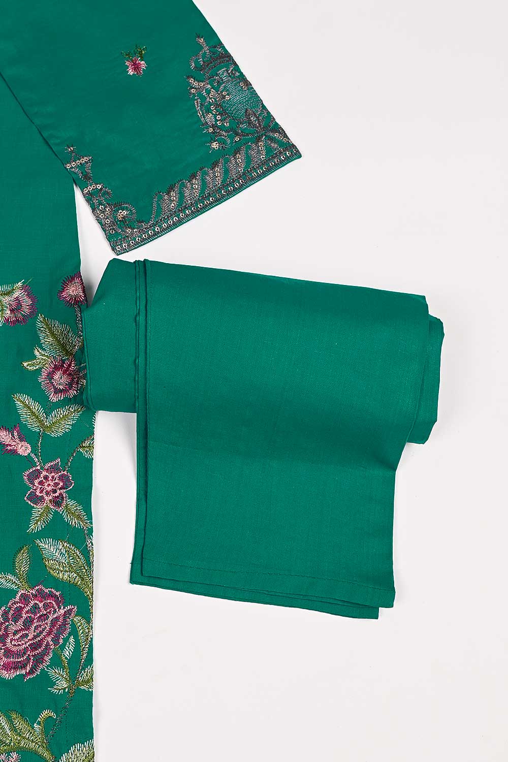 3SP-17A-Green - 3PC COTTON EMBROIDERED Dress With Chiffon Embroidered Dupatta