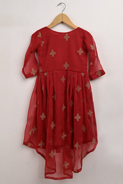 TKF-101-Red - Kids 3Pc Chiffon Embroidered Frock