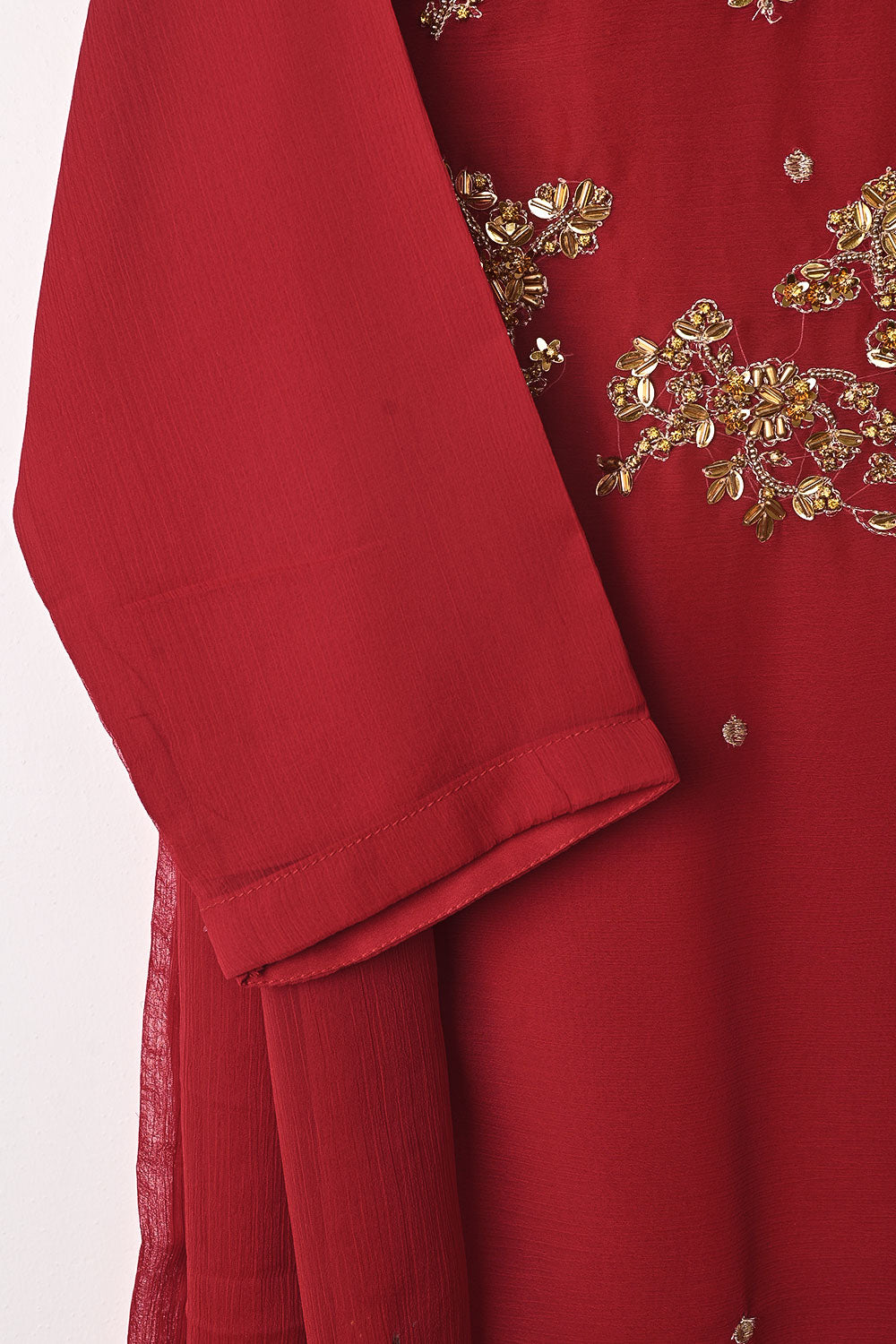 RTW-259-Red - 3Pc Ready to Wear Embroidered Adda Work Chiffon Dress