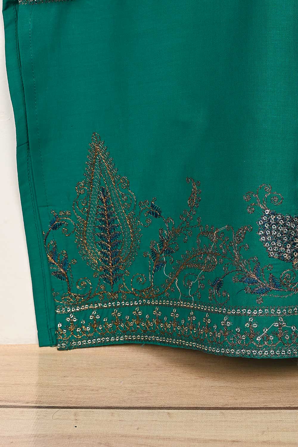 3SP-13A-Green - 3PC COTTON EMBROIDERED Dress With Chiffon Embroidered Dupatta