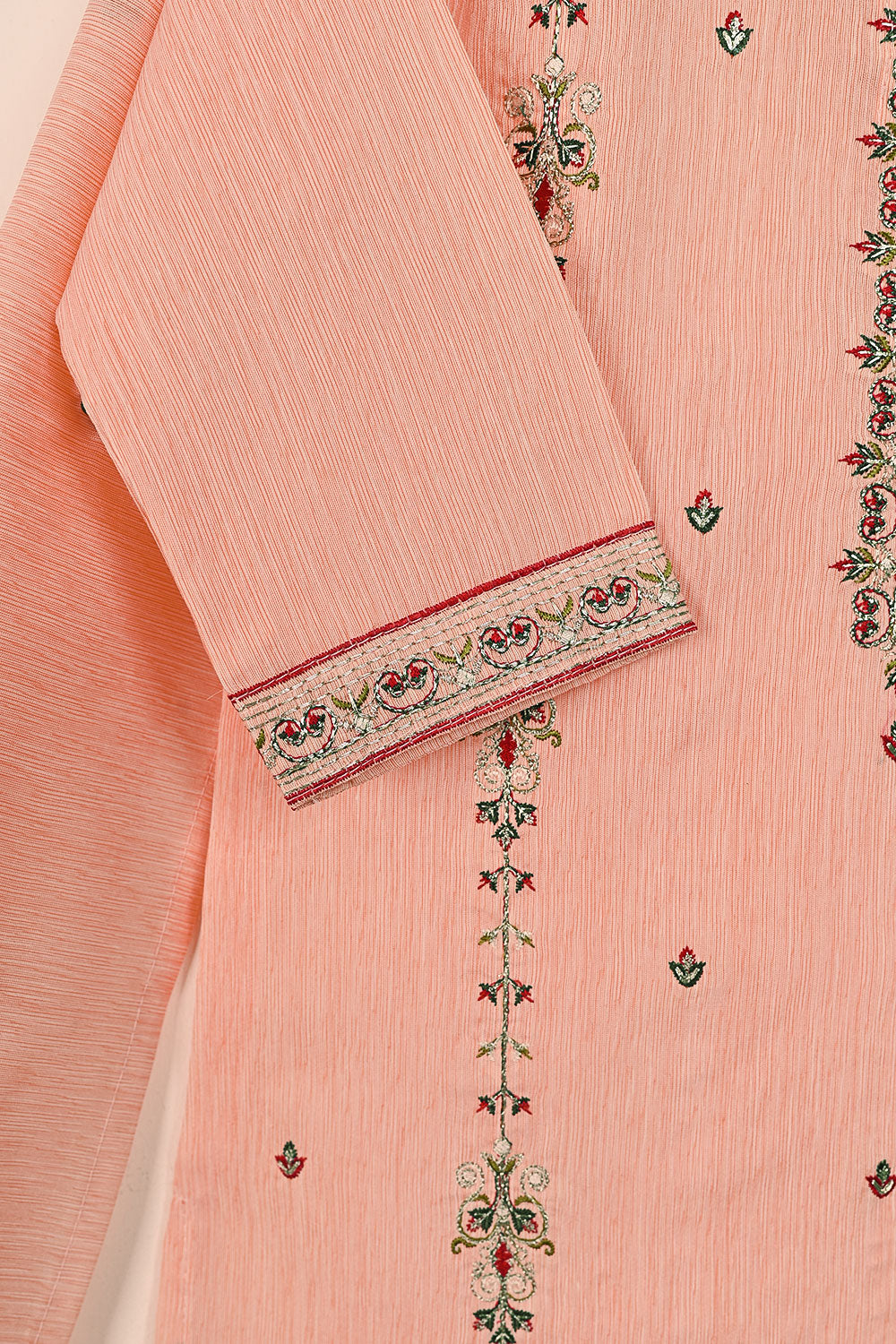 TKF-133-Peach - Kids 3Pc Ready to Wear Embroidered Slub Cotton Dress