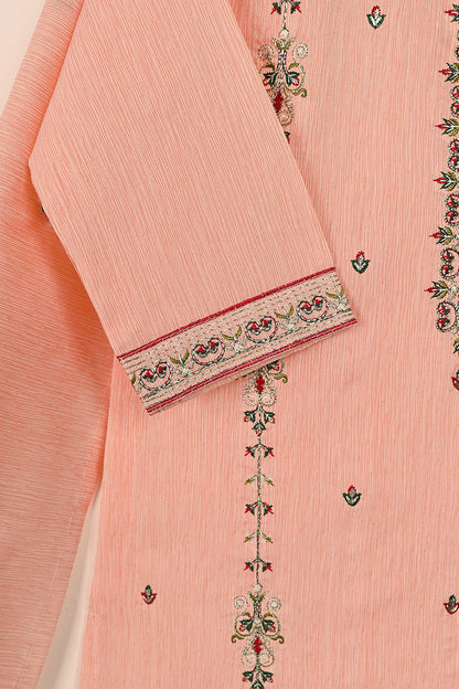 TKF-133-Peach - Kids 3Pc Ready to Wear Embroidered Slub Cotton Dress