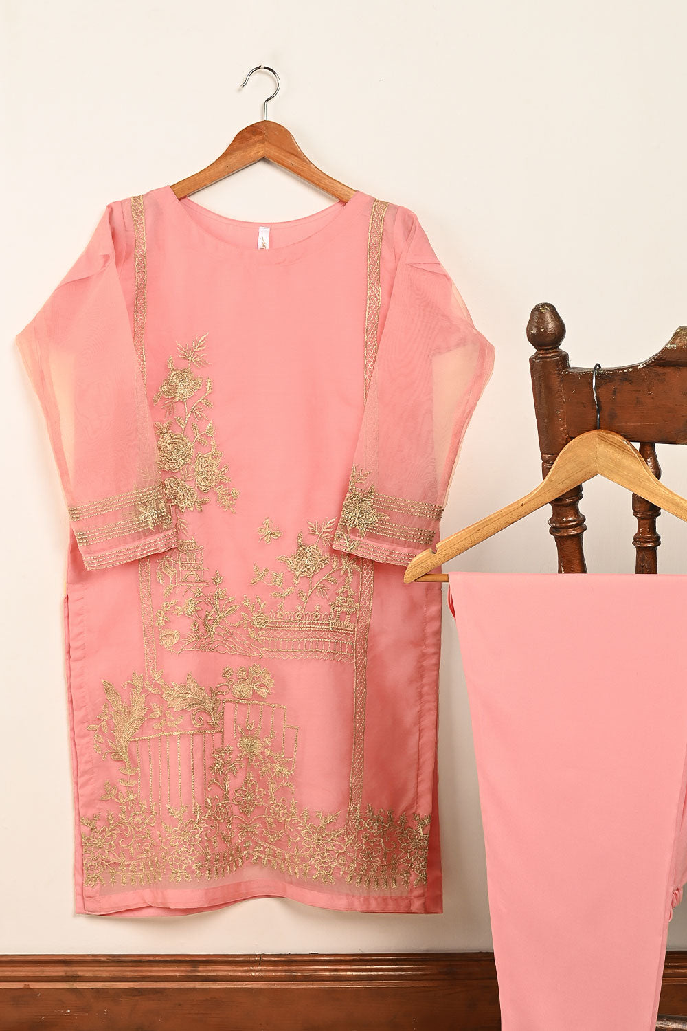 STP-071E-Peachy Pink- 2PC PREMIUM EMBROIDERED ORGANZA STITCHED