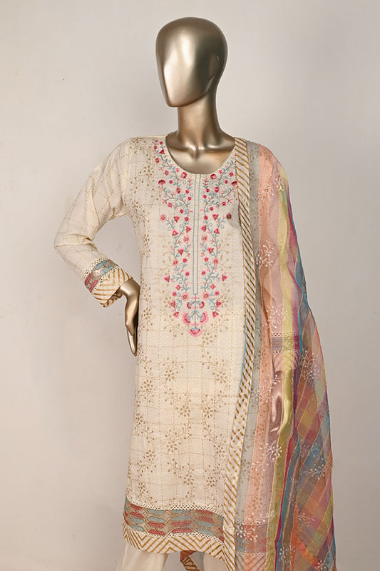3SP-21A-Pink- 3PC COTTON EMBROIDERED Dress With Printed Organza Dupatta