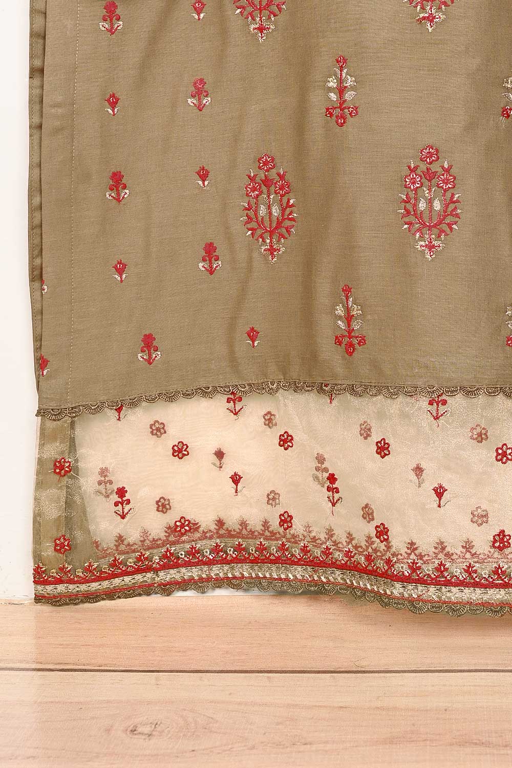 3SP-14B-Brown - 3PC COTTON EMBROIDERED Dress With Chiffon Embroidered Dupatta