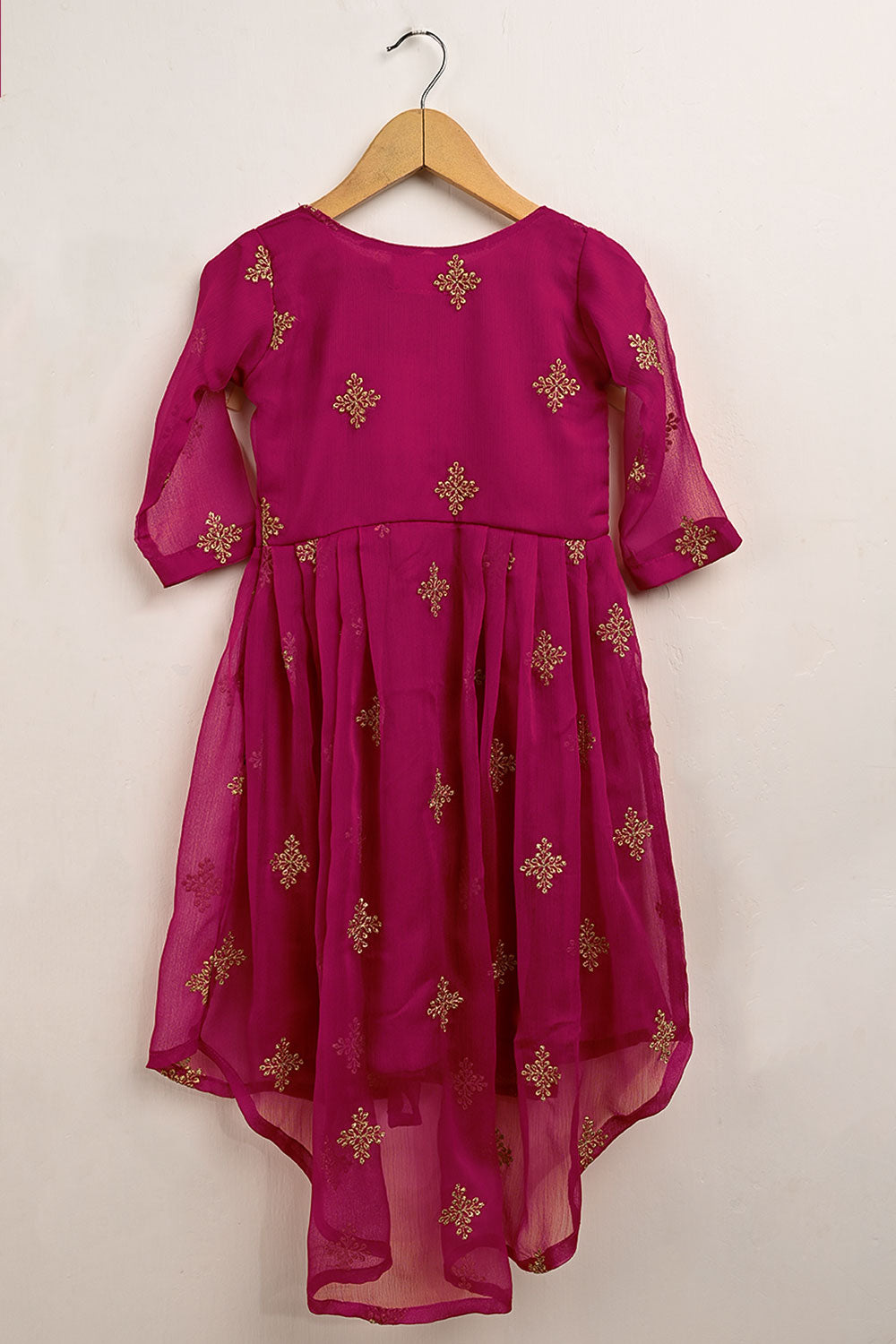 TKF-119-Fushcia - Kids 3Pc Chiffon Embroidered Frock