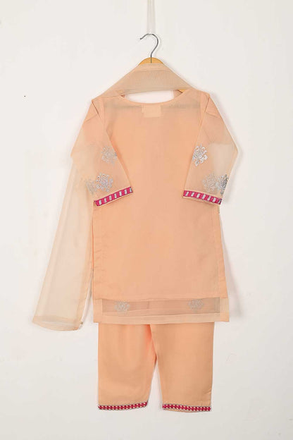 TKF-89-Peach - Kids 3Pc Organza Formal Embroidered Dress With Malai Trouser