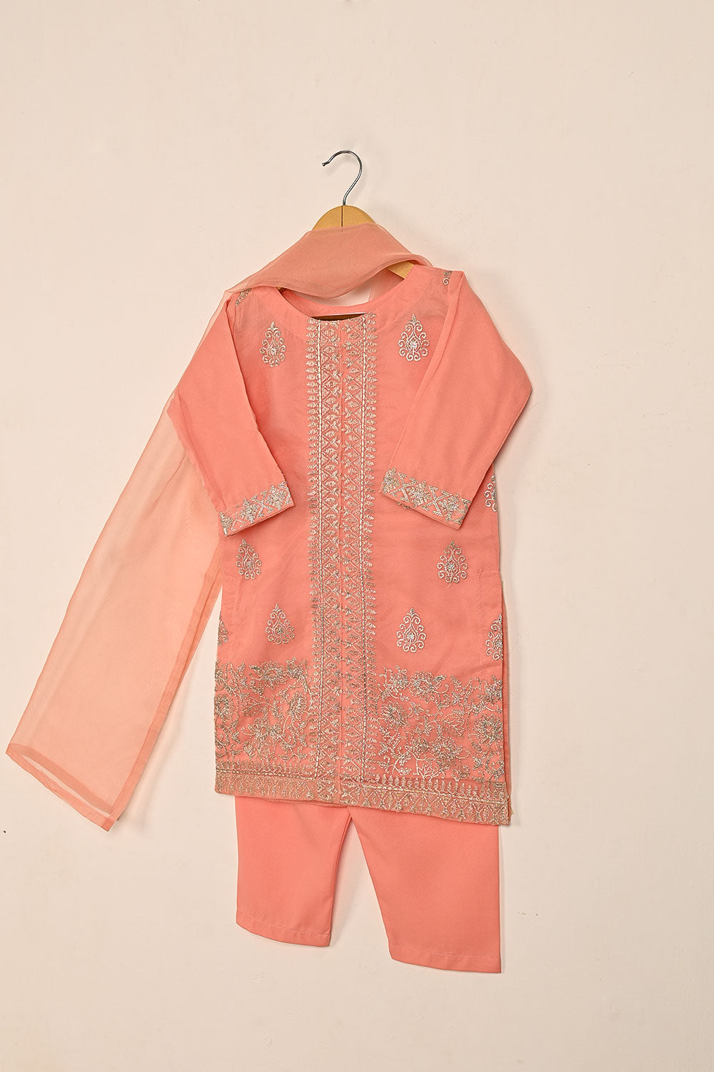 TKF-135-Peach - Kids 3Pc Ready to Wear Organza Formal Embroidered Dress