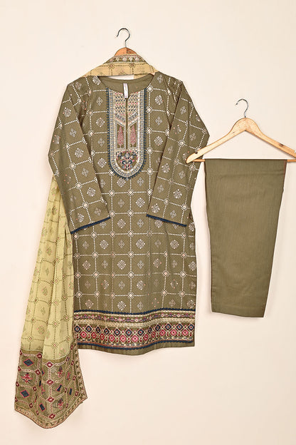 3SP-22A-Green - 3PC COTTON EMBROIDERED DRESS