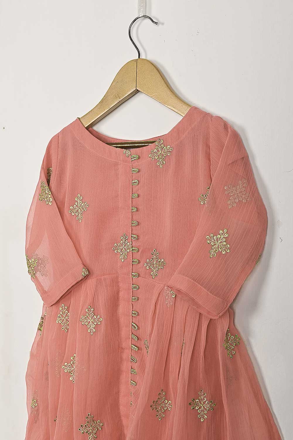 TKF-112-Peach - Kids 3Pc Chiffon Embroidered Frock