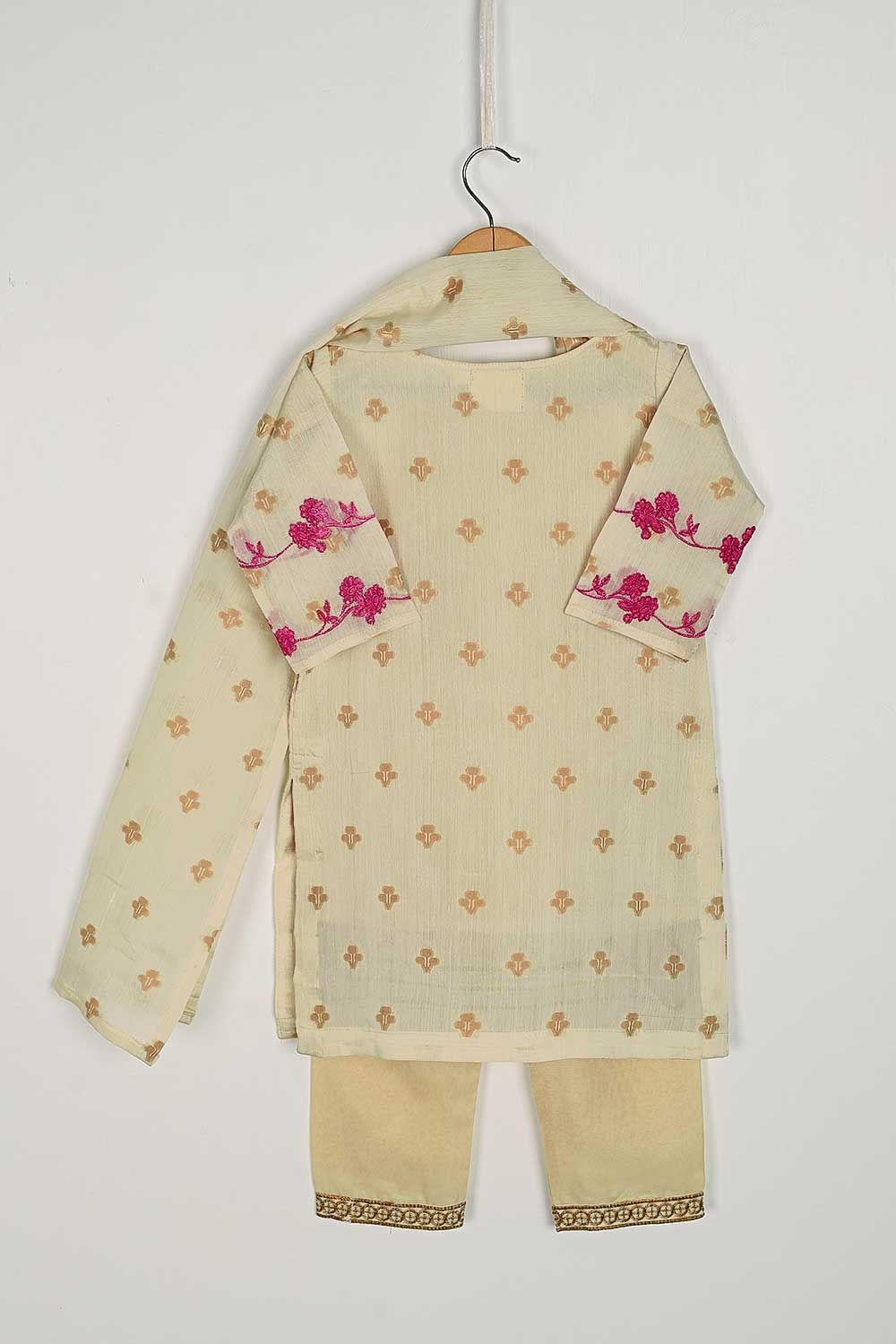 TKF-46-Skin - Kids 3Pc Jacquard Paper Cotton Dress With Malai Trouser