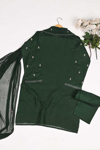 3SP-18A-Green - 3PC COTTON EMBROIDERED Dress With Chiffon Embroidered Dupatta