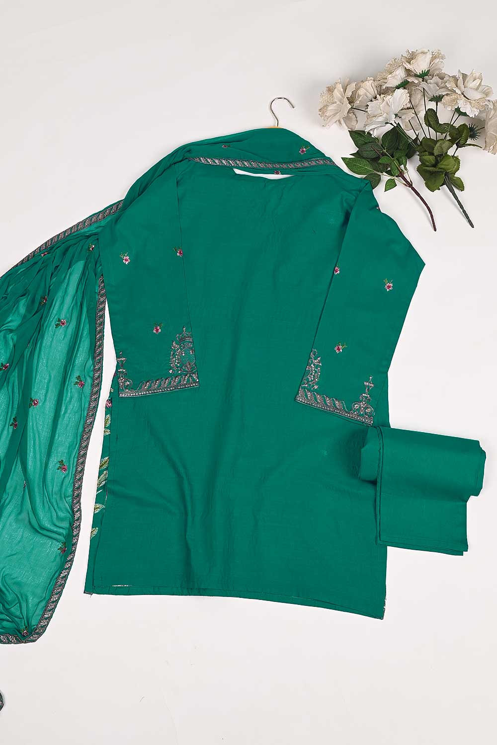 3SP-17A-Green - 3PC COTTON EMBROIDERED Dress With Chiffon Embroidered Dupatta