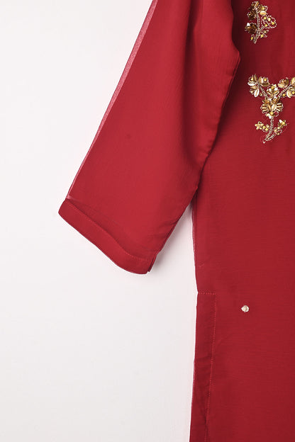 RTW-259-Red - 3Pc Ready to Wear Embroidered Adda Work Chiffon Dress