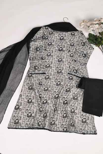 RTW-160-Grey - 3Pc Stitched Cotton Dress
