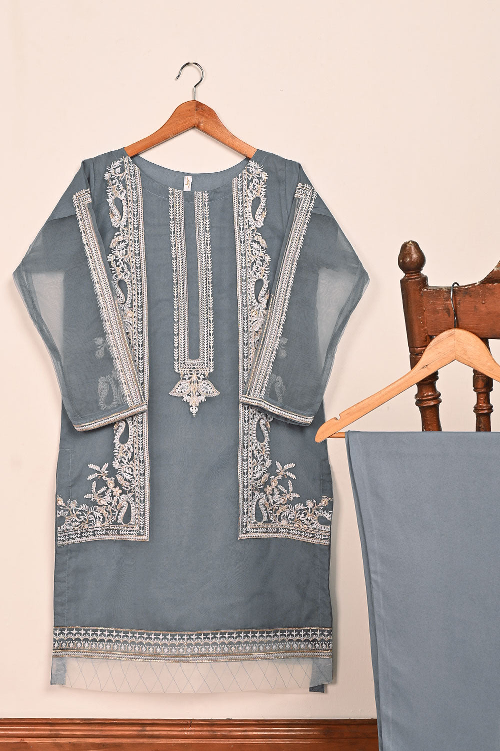 STP-186A-Grey - 2Pc Organza Embroidered Dress
