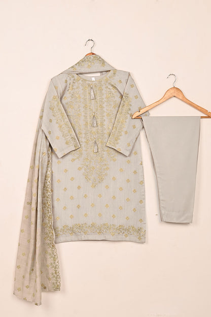 RTW-214-Grey - 3Pc Stitched Jacquard Paper Cotton Embroidered Dress