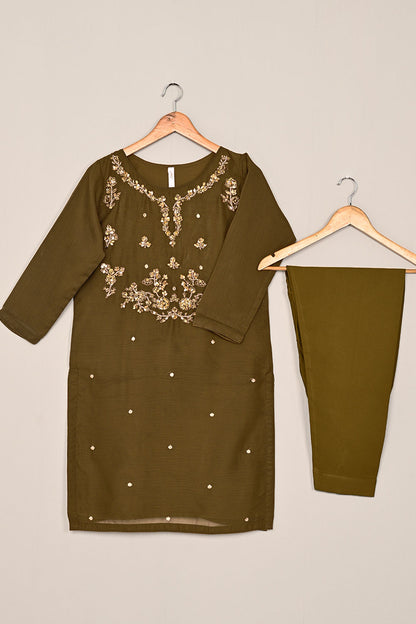 RTW-198-Brown - 3Pc Ready to Wear Embroidered Adda Work Chiffon Dress